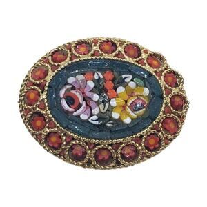 Vintage Italian Micro Mosaic Floral Brooch Pin Oval Glass Flowers millefiori